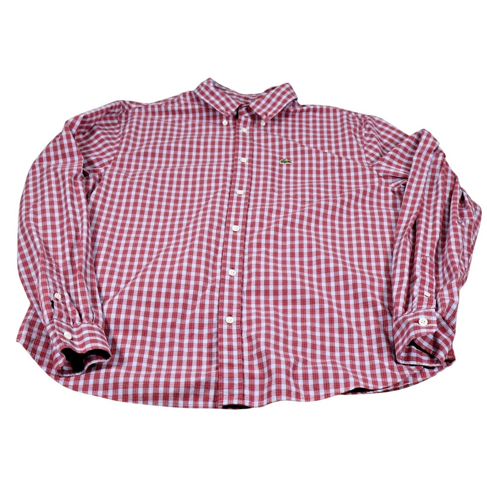 Lacoste Shirt Mens L Red Check Button Up‎ Long Sleeve Cotton Regular Fit